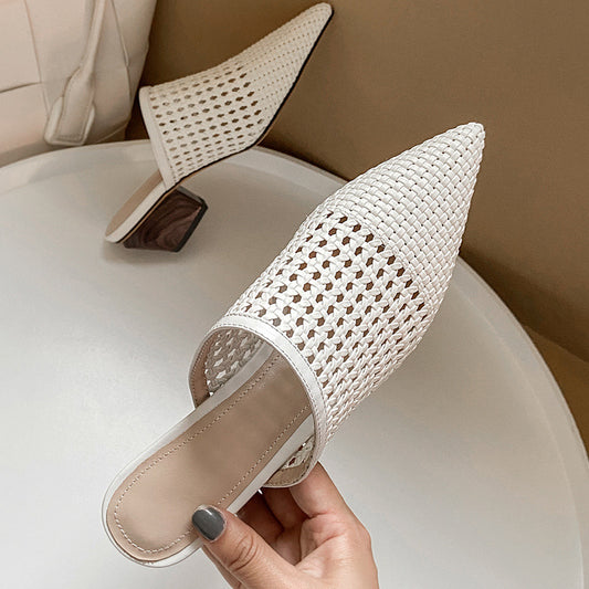 White Hollow Woven Baotou Half Slippers Female Summer Wear Pointed Muller Sandals