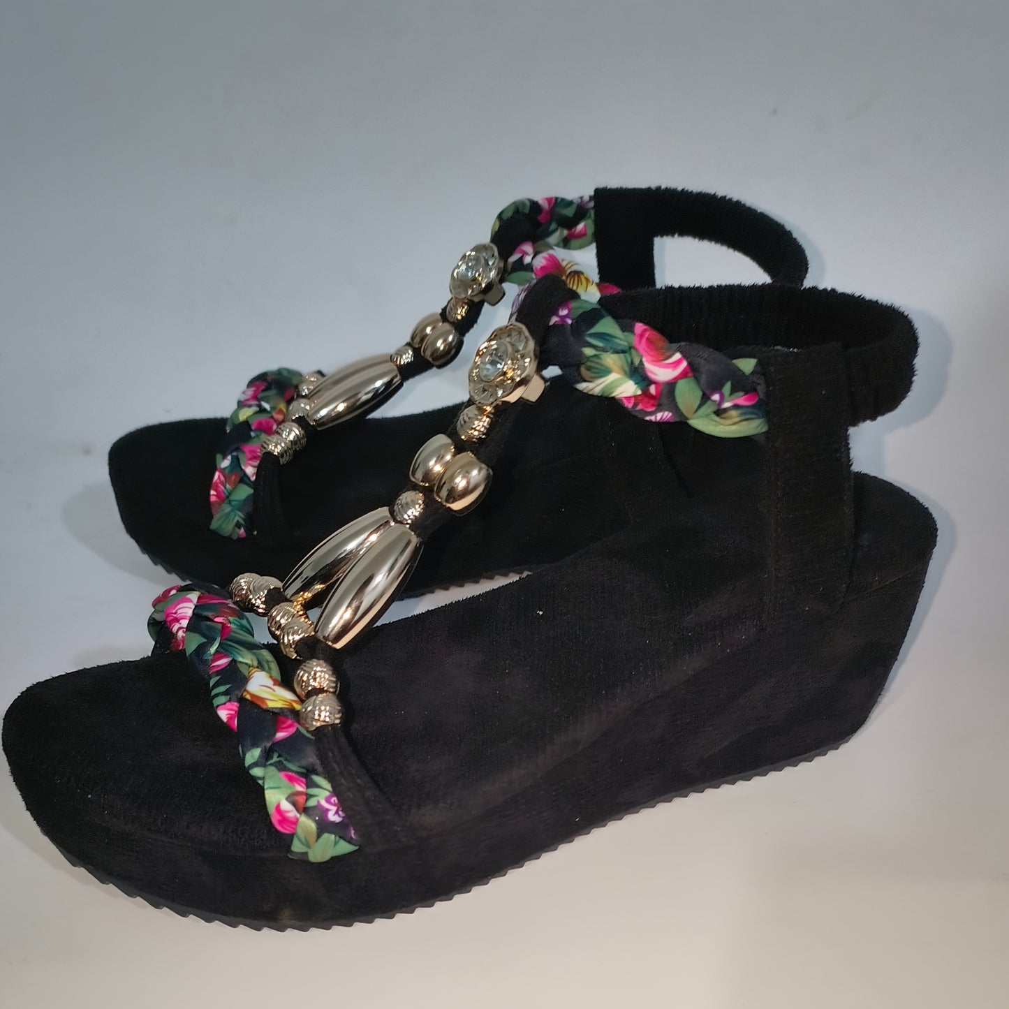 Women'S Bohemian Style Gemstone Embellished Wedge Sandals - Elegant Black T-Strap Open-Toe High Heel with Floral Accents, Comfortable Ankle Strap, Perfect for Beach Parties and Daily Outings, Beach Party Shoes|Bohemian Sandal