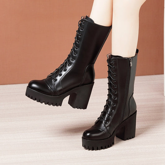 Leather High Heel Mid-calf Boots For Women Lace-up - EnigmaParis
