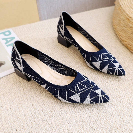 Shallow One-foot Thick-heel Mid-heel Knitted Shoes