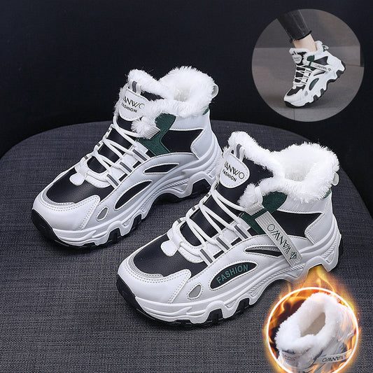Fashion Black White Lace-up Sneakers Winter Warm All-match Plush Shoes Women Plus Velvet Fleece Flat High-top Sports Shoes - EnigmaParis