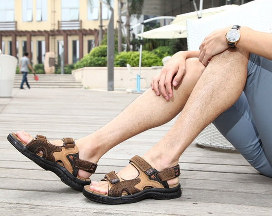 Men'S Sandals Leather Toe Platform Top Layer Cowhide Outdoor Casual Sandals