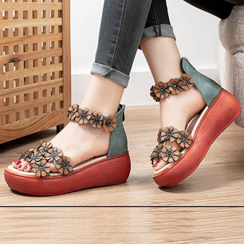 Ethnic Style Flower Fish Mouth Sandals Women's Wedge Heel Zipper Retro Women's Shoes