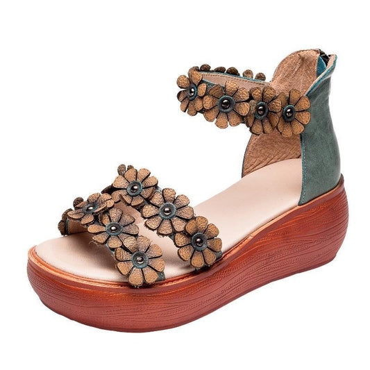 Ethnic Style Flower Fish Mouth Sandals Women's Wedge Heel Zipper Retro Women's Shoes