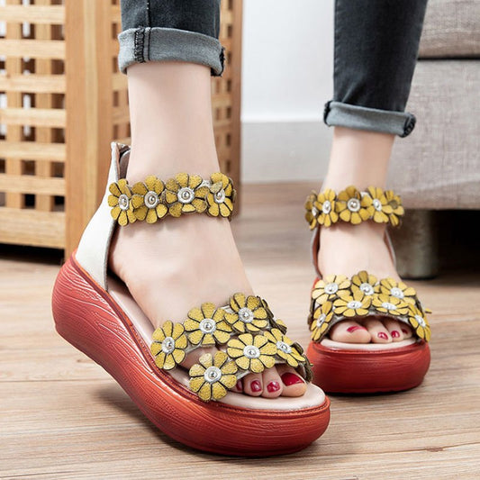 Ethnic Style Flower Fish Mouth Sandals Women's Wedge Heel Zipper Retro Women's Shoes