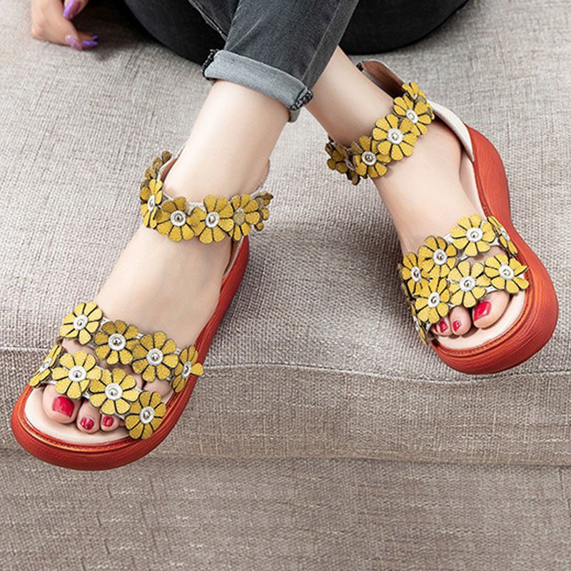 Ethnic Style Flower Fish Mouth Sandals Women's Wedge Heel Zipper Retro Women's Shoes