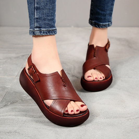 Summer New Leather Ladies Sandals Thick-soled First Layer Cowhide Women's Shoes