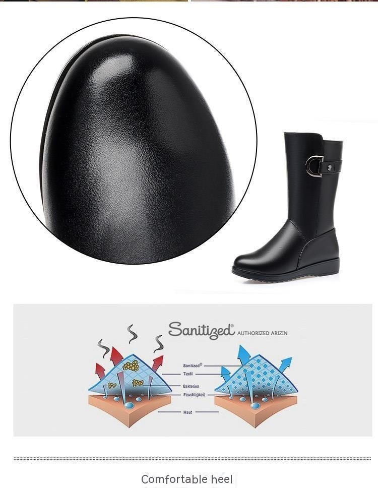 Winter Flat Non-slip Leather Shoes Fleece-lined Thermal Middle Tube Cotton Boots - EnigmaParis