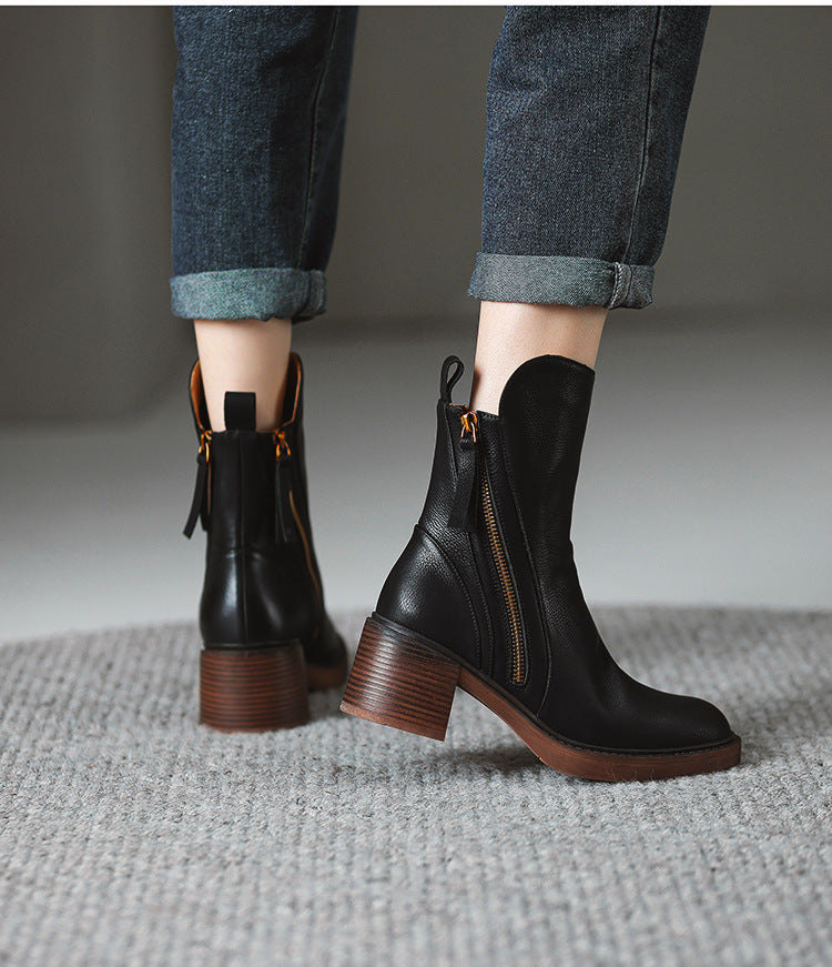 Thick Heel Brown Ankle Boots British Style Handsome.