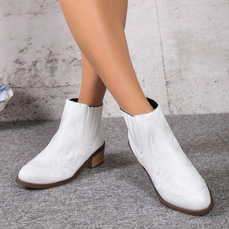 Women's Martin Vintage Pointed Toe Chunky Heel Embroidered Ankle Boots.