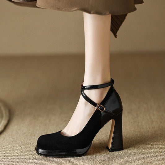 Women's Black Chunky Heel Cross Strap High Heels - Versatile Square Toe Design.