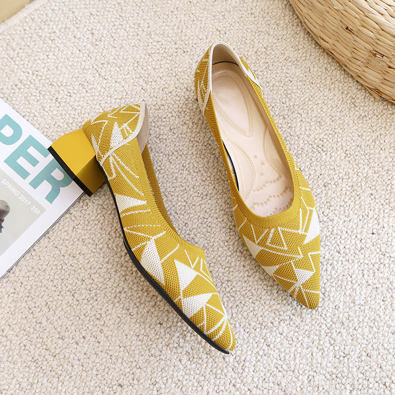 Shallow One-foot Thick-heel Mid-heel Knitted Shoes