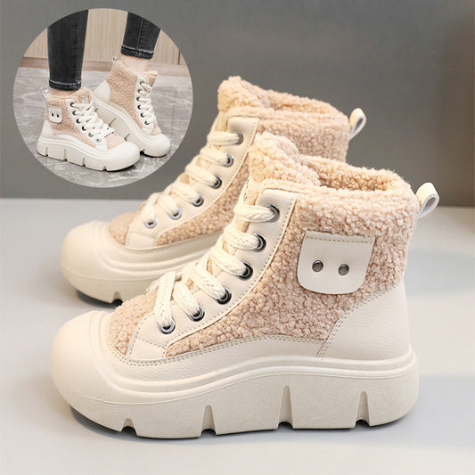 Lace-up High-top Flat Shoes For Women Winter Warm Cashmere Snow Boots Fashion Street Campus Students Height Increasing Shoes - EnigmaParis