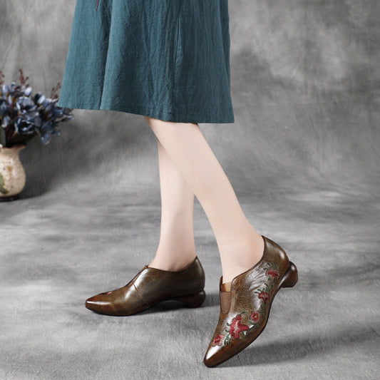 Women's embroidered flower thick heel high heels