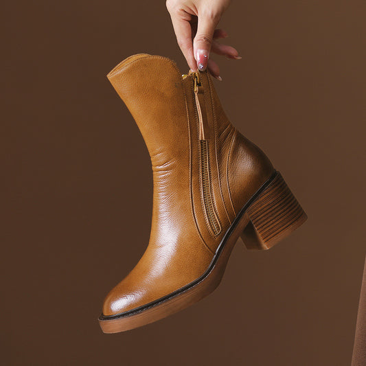 Thick Heel Brown Ankle Boots British Style Handsome.