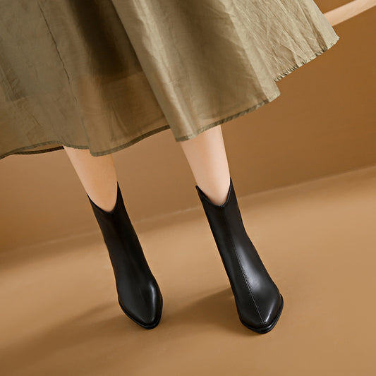 Genuine Leather Pointed Toe High Heel Boots Female White Chunky Heels - EnigmaParis