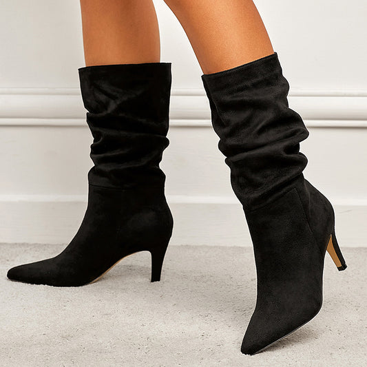 Women's Plus Size Wrinkled Suede Stiletto Heel Boots - EnigmaParis
