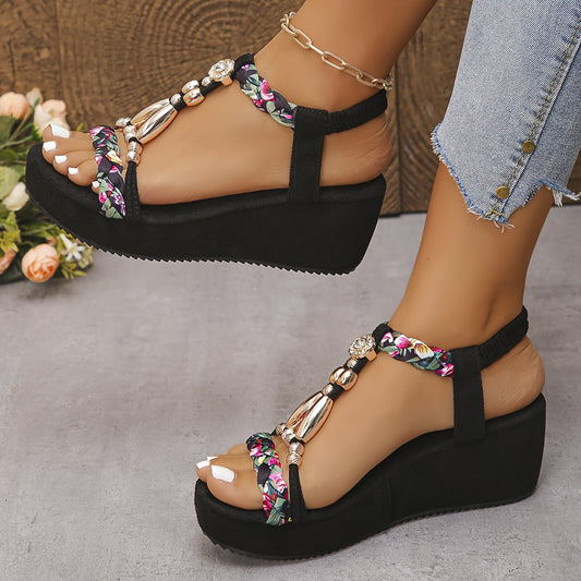 Women'S Bohemian Style Gemstone Embellished Wedge Sandals - Elegant Black T-Strap Open-Toe High Heel with Floral Accents, Comfortable Ankle Strap, Perfect for Beach Parties and Daily Outings, Beach Party Shoes|Bohemian Sandal