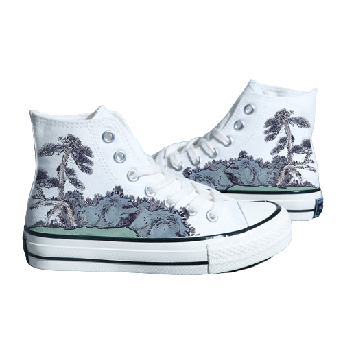 Chinese Style Canvas Shoes - Retro Landscape Painting, High-Top Board Shoe