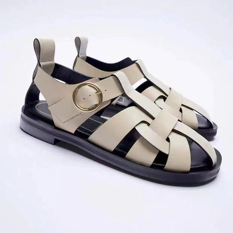 Casual Round Toe Leather Flat Sandals