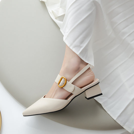 Square Toe Toe Sandals Women's Buckle Metal Buckle Mid-heel Cowhide Back Empty Single Shoes