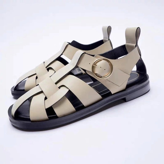Casual Round Toe Leather Flat Sandals