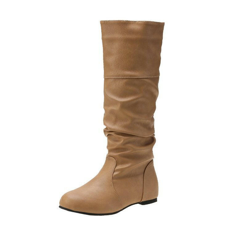 Women's High Cylinder Flat Boots - Round Toe Slip-on Slimming Footwear.