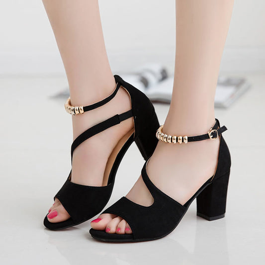 One Word Buckle Fish Mouth Thick Heel Mid-heel Fashion Women's Sandals
