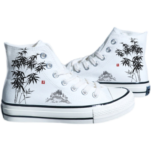 Chinese Style Canvas Shoes - Retro Landscape Painting, High-Top Board Shoe
