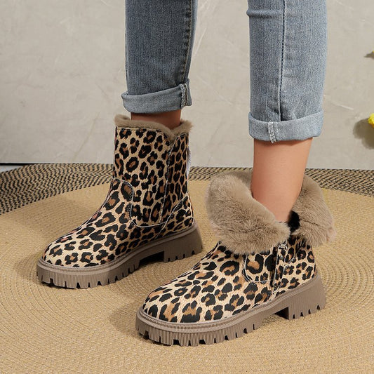 Plus Size Leopard Print Ankle Boots Women Round Toe Woolen Cotton Comfortable Flat - EnigmaParis