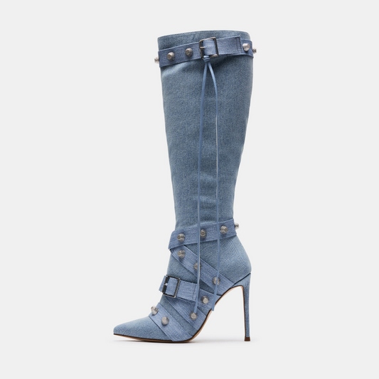 Metal Leathern Pointed Stiletto Heel High Leg Boot Rivet - EnigmaParis
