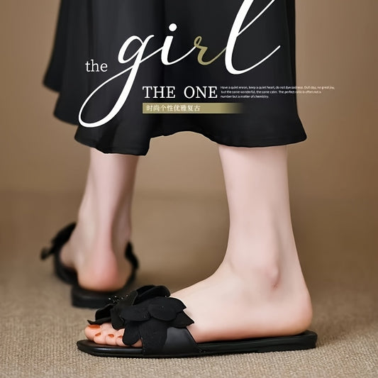 Women'S Stylish Black Strappy Sandals - Elegant Low-Heel, Open-Toe, Slip-On with Floral Accents, Perfect for Summer, Summer Footwear | Floral Accent Sandals | Synthetic Upper, Sandals