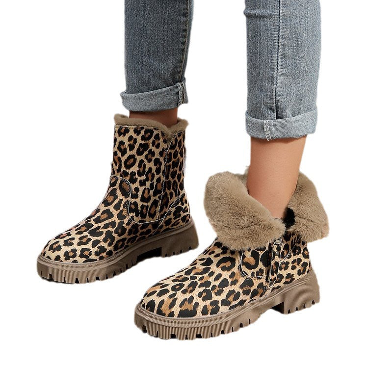Plus Size Leopard Print Ankle Boots Women Round Toe Woolen Cotton Comfortable Flat - EnigmaParis