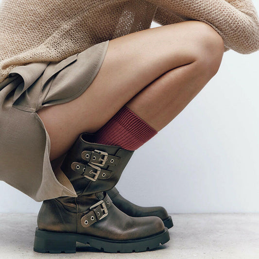 Thick Bottom Chunky Heel Martin Boots Buckle Motorcycle Boots.