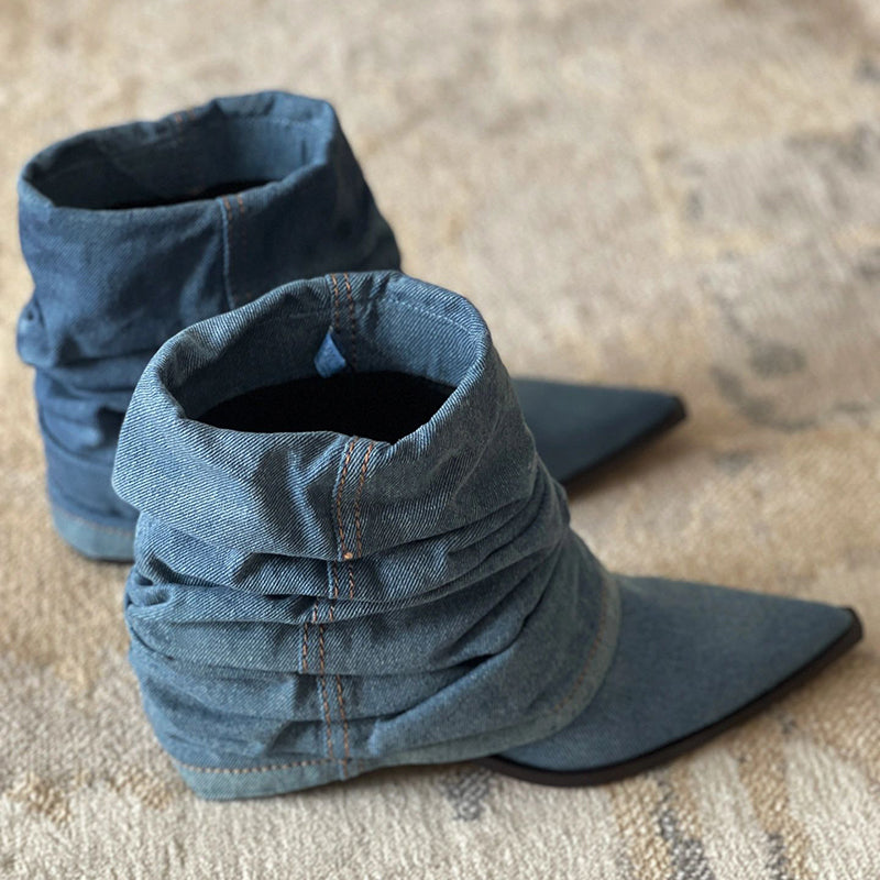 Thickened And Fashionable Pleated Denim Short Boots For Women - EnigmaParis