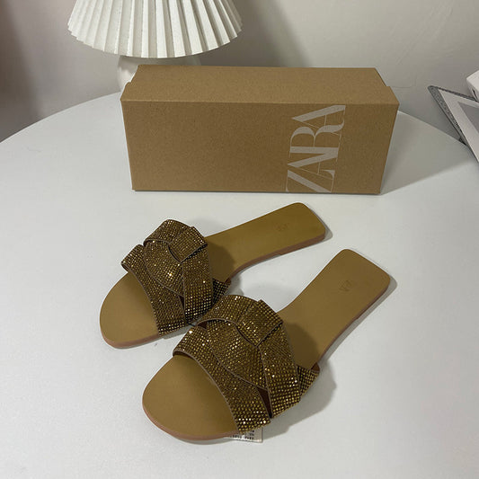 Stylish Rhinestone Flat Sandals: Open Toe, Perfect for Beach Wear - EnigmaParis