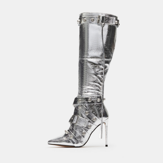 Metal Leathern Pointed Stiletto Heel High Leg Boot Rivet - EnigmaParis