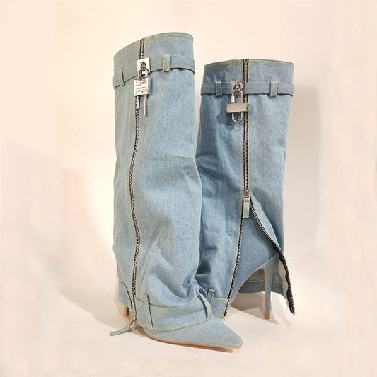 Pointed Female Fashion Metal Buckle Flanging Zipper Casual High Leg Boot - EnigmaParis