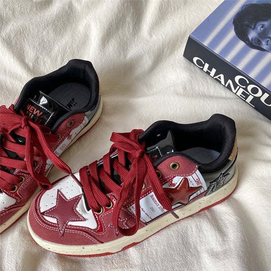 Small Group Wine Red Star Women's American Retro Board Shoes - EnigmaParis