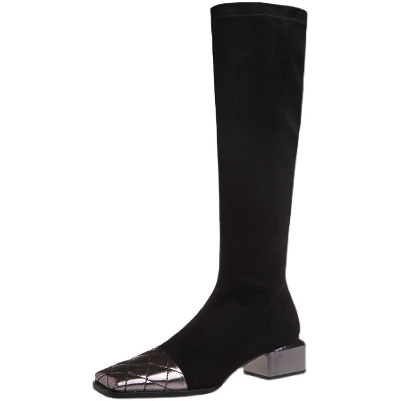 Women's Mid Heel Stitching Knee Boots Chunky Heel Women.