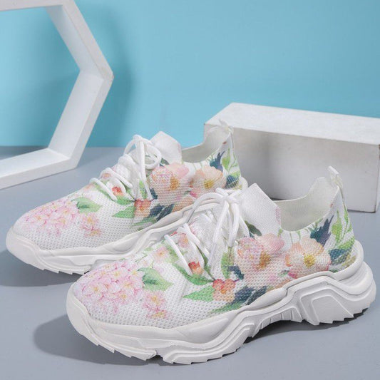 Floral Burst Casual Flower Sports Shoes - Women's Plus Size Flat Bottom Sneakers.