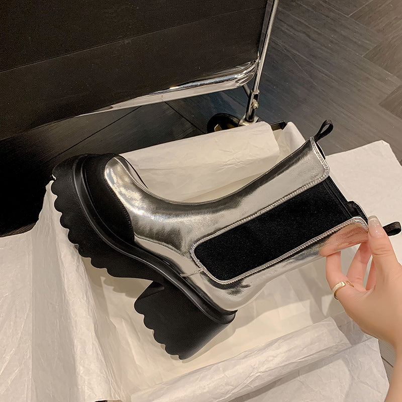 Autumn and Winter Cowhide Silver Platform Martin Boots - Women's High Heel Footwear.