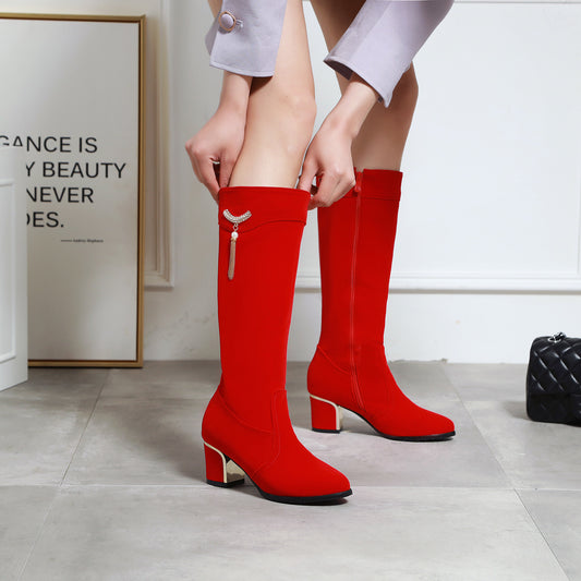 Women's Suede Boots with Metal Rhinestone Pendant - Stylish High Heel Footwear for All Sizes.