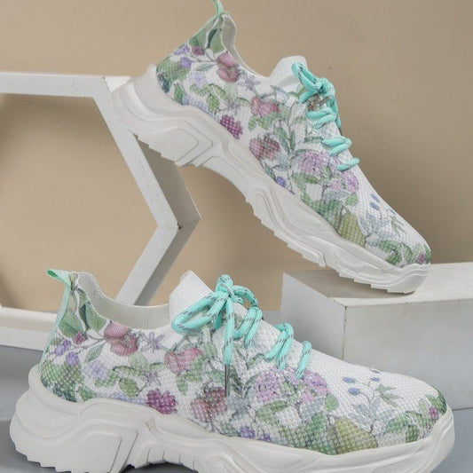 Floral Burst Casual Flower Sports Shoes - Women's Plus Size Flat Bottom Sneakers.