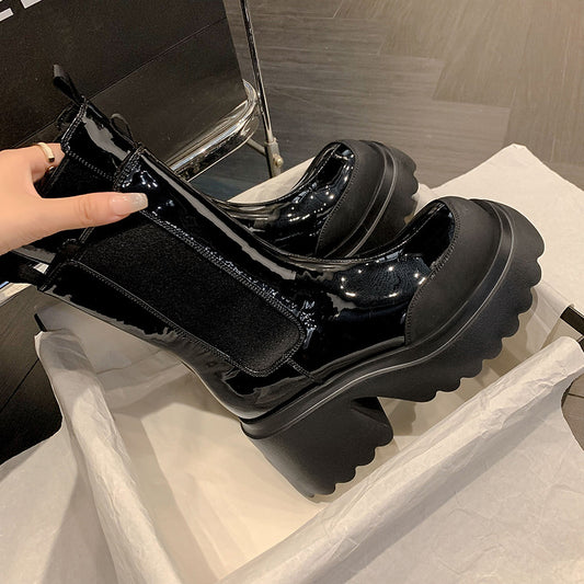 Autumn and Winter Cowhide Silver Platform Martin Boots - Women's High Heel Footwear.