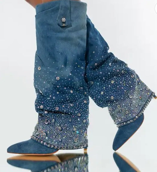 Heavy Industry Pointed Toe Stiletto Rhinestone Women's Boots Jeans Pipe Boots