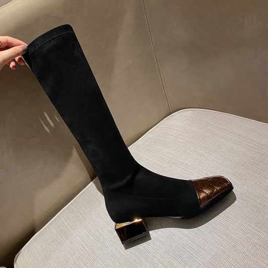 Women's Mid Heel Stitching Knee Boots Chunky Heel Women.