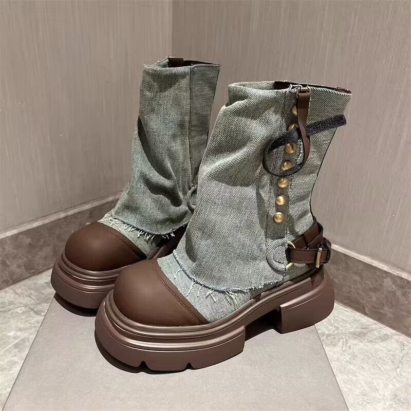 Women's Shoes Denim Metal Buckle Ankle Boots Round Head Thick Bottom Casual - EnigmaParis