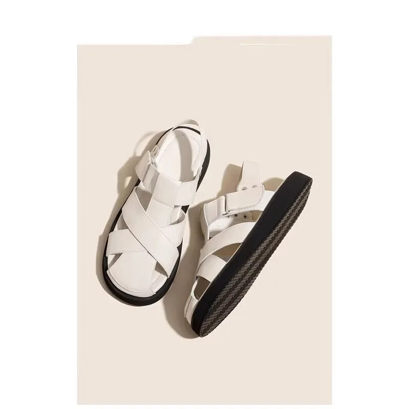 Low Sandals Woman Leather Low-heeled Rome Fabric Slides Rubber Hoof Heels Low Sandals Woman Leather Low-heeled Fabric Rubber Sli