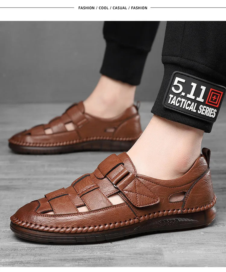 Leather Sandals Baotou 2025 Summer New Genuine Leather Breathable Hollow Porous Shoes Men's Tendon Soft Bottom Middle-Aged Dad S
